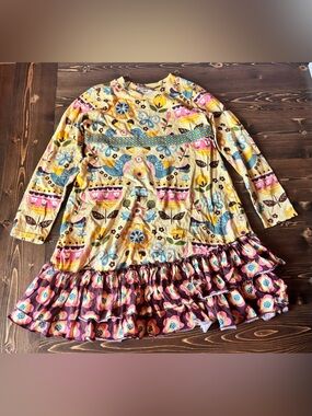 Jelly The Pug Yellow Floral & Bird Ruffle Dress with Pink Hem
